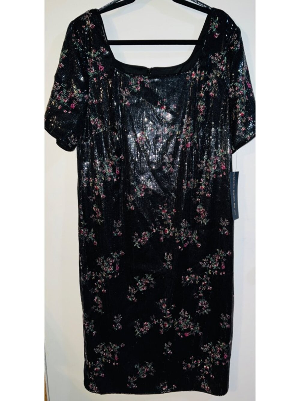Rachael Roy Sequined Black Floral Dress W/Square Neck & Short Sleeves Size 16W